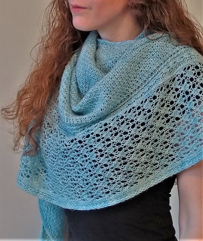 A richly textured, icy blue shawl with a lace border is draped around a person's neck. The person is standing against a white wall.